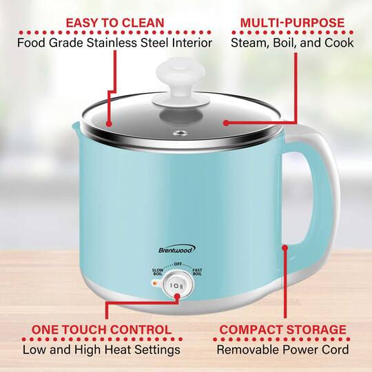 Brentwood Blue 1.6qt. 600 Watt Stainless Steel Electric Hot Pot Cooker & Food Steamer